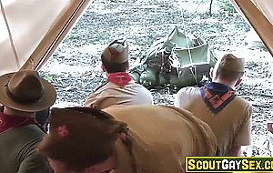 Old scoutmaster fucks three scout twinks during a camp