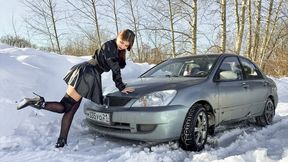 CAR STUCK Worn out tires and snow - Ellie stuck in a short dress