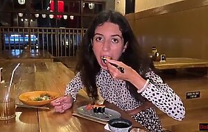 I cum on a girl's face in public sushi bar and she eats rolls with cum on her face - cumwalk