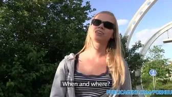 Blonde with shaved pussy fucks outdoors in the grass