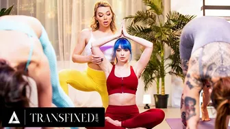 Trans yoga teacher Emma Rose fucks Jewelz Blu in a public class