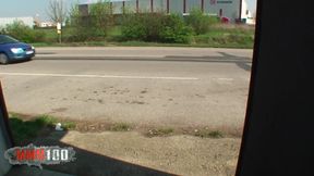 Brunette fucked on the roadside by 2 mates