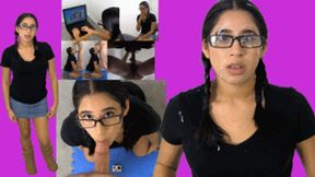 Geek girl eRica finds your bukkake video collection, sucks your cock & takes a facial