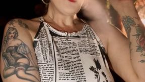 Newport - Smoking at night, outside the hotel - Smoker's cough, Puffs in your face, Mouth Inhales and open mouth exhales, Deep Inhales, Crush, Long dress, tied hair, Red lipstick, Long red nails, Flip-flops