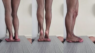 Barbie tramples on his massive cock crammed tight in stockings