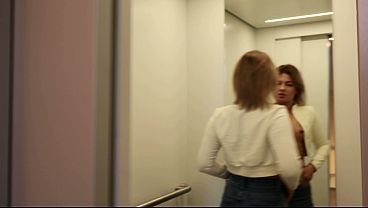 Risky Elevator POV: Flashing Tits &amp_ Deepthroat Until Cum In Mouth