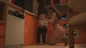 Cheating Mother in Law Sucking Boyfriend Huge Cock in Kitchen and Cum in Mouth