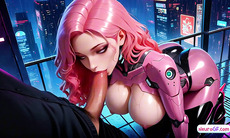 Pink android teases slow tongue before sticky facial