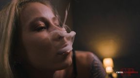 Her arms around a pillow, smoking FHD MP4