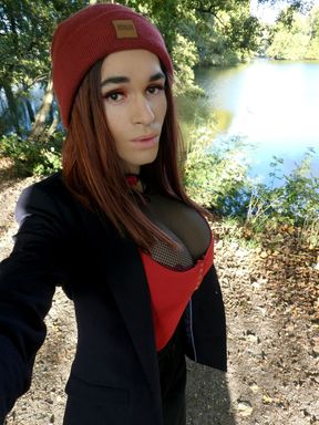 Hot crossdresser morning walk in the forest