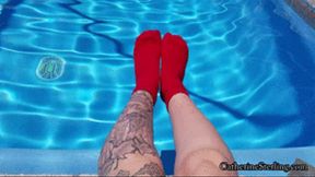 Sock Feet make a Splash, Soaking Wet Soles Close Ups and a Bare Foot, Dripping Toes Reveal at the Poolside! Windows Media player WMV version