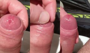Gushing precum drips down my leaking cock while playing with it