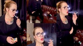 American Spirit cigarette - Crush-Deep inhalation - Long drag - Smoke in the face -Vinyl pants and boots - Red lipstick - Natural nails