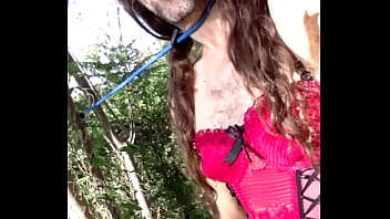 Transvesty Crossdresser slave of Mistress Ama Clea in public park video 1 humiliated cock craving slut leashed to tree wants real cock loves blowjobs