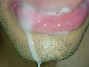 cum in my mouth, I play with your cum, and I swallow it, closeup, naughty gay, tongue, sloopy