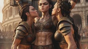 a gladiator warrior woman is tied to a cross as she is crucified in BDSM bondage while two pit slaves lick her dirty neck clean