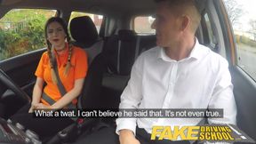 Pigtailed UK cutie gets a face full of cum at fake driving school