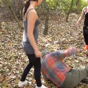 German brat girls kick grandpa Tommy outdoors