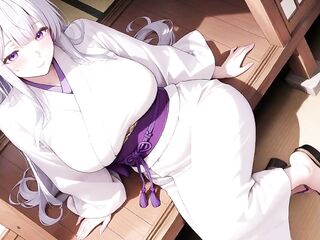 Silver-haired Miko Shrine Secrets! Half-unbuttoned White Kimono, Kneeling Positions and Intensive Eye Contact.