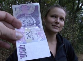 Czech amateur Ingrid sucks off cock outdoors for quick money