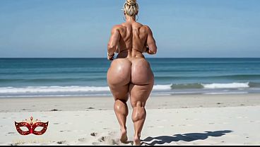 Nude muscular blonde MILF on the beach, sensual photoshoot &ndash_ AI-generated