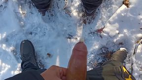 Quickie in Icy Snowy Park. Sliding Inside Friend's Ass with Lubed Condom