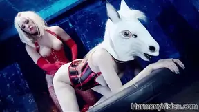 Costume-clad cowgirl deep throats huge cock in 3some