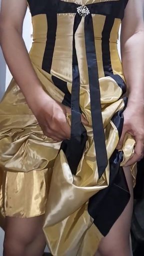 Gold Satin Silk Longdress Evening Gown Masturbation   Clip 1