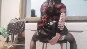 My asspussy is hungry so I fucked her through pantyhose in pleated leather skirt with dildo(pt3)