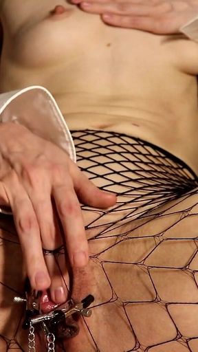 Close-up Nipple-to-pussy Clamp Play