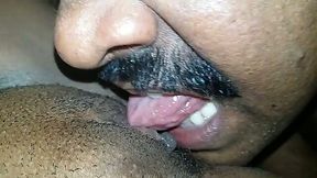 Horny mustached buddy eats his wife's Indian pussy well