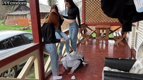 group foot domination and socks worship femdom outdoor with sofi, kira and dina