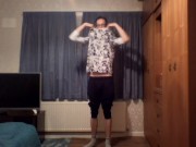 Very skinny boy shows off ribs and flexes his bones while masturbating