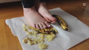 smashing banana with bare feet