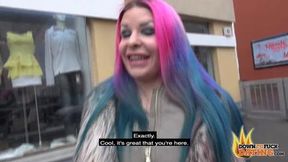 Curvy Aviva sucks and pounds huge cock in public bathroom