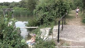 Shelly Bliss getting raw dogged outdoors by her sweethearts on clubbed grounds