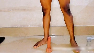 Thai shemale tight anal fuck by huge dildo and masturbating