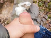 Making cum drink from two filled condoms after I was fucked public and my jerk off after cum eating