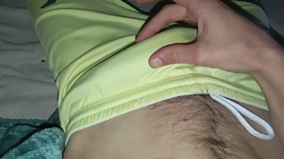 The Sexy Boy's Giant Cock Is Going to Burst in His Pants. Cum Squirts on His Hairy Balls