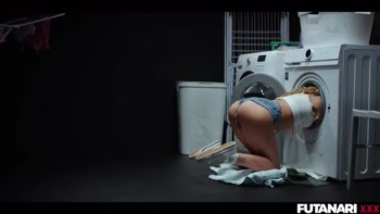 STUCK in the Washing Machine! Trans Shemale Grows Futa Cock And Fucks Female Slut with Anal Creampie