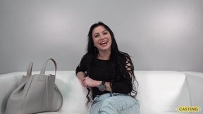 Busty dark-haired amateur Sabina squirts several times at casting