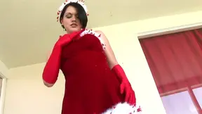 Sexy Holiday Slut in Red Satin Gloves Sucking Dick & Screwing Hard