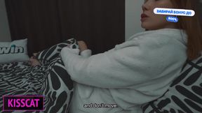 Stepmom Kisscat shares bed with stepson and fills up stepdaughter's pussy with cum