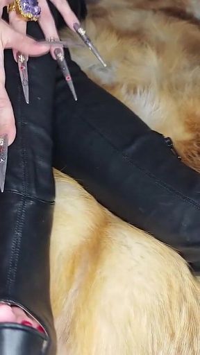 Extremely Long Stiletto Nails and Leather Boots Worship