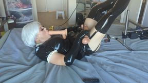 Latex sissy maid Candy fucked by a fucking machine in chastity while playing with her dildos