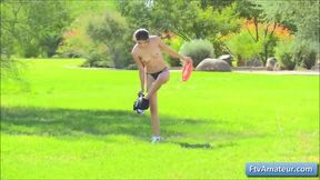 Young cutie plays with toys in public