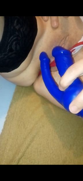 Double penetration dildo masturbation, orgasm