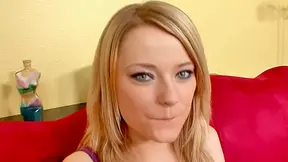 Grey-eyed chick gets her wet pussy fucked in the living room