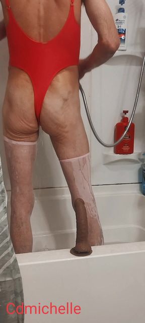 Cdmichelle Wearing Sexy Orange Swimsuit Playing Around in the Shower