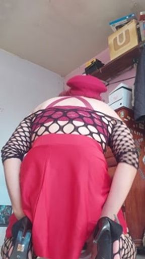 Sissy in chastity and her 8" dildo (vertical) 2/3